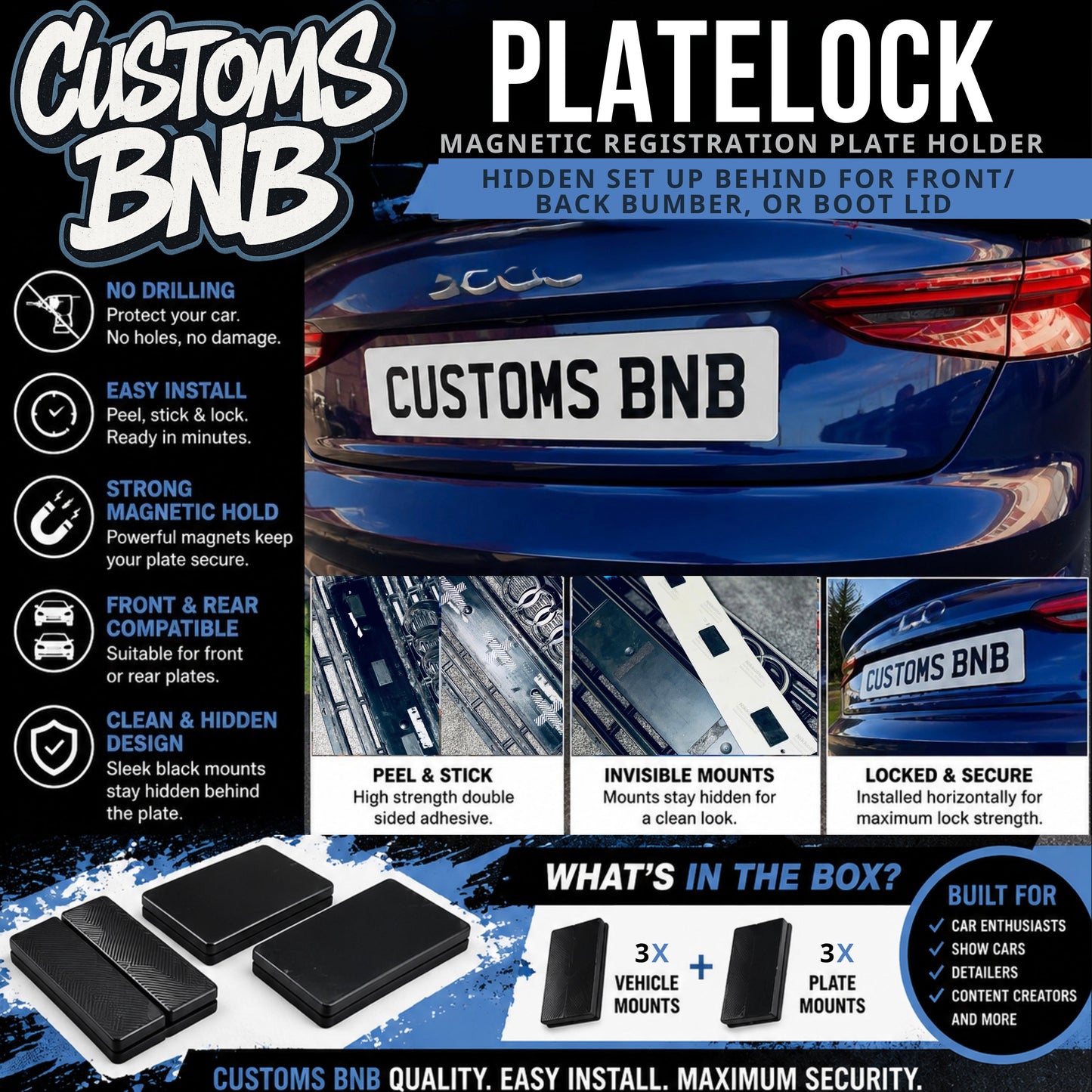 PlateLock Hidden Magnetic Number Plate Holder – Front & Back Set